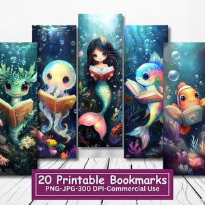 Bundle de marque-pages imprimables créatures de la mer, impression JPG et pages découpées, 20 marque-page PNG sublimation, sirène, poisson avec des livres, usage commercial