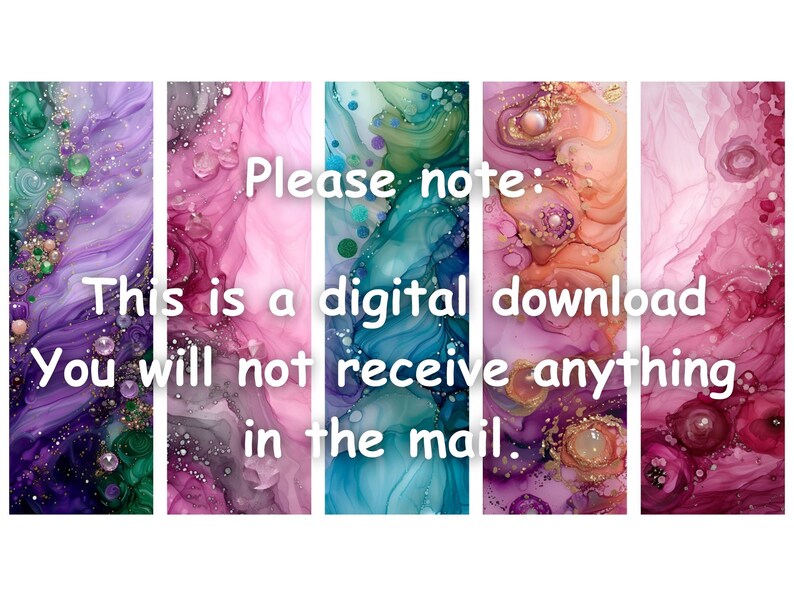 Op de afbeelding: Vijf digitale achtergronden met abstracte patronen in tinten roze, paars, blauw en groen. De achtergronden bevatten swirls, marmering en glitter. De tekst "Let op: Dit is een digitale download. Je ontvangt niets per post." is over de afbeeldingen gelegd.