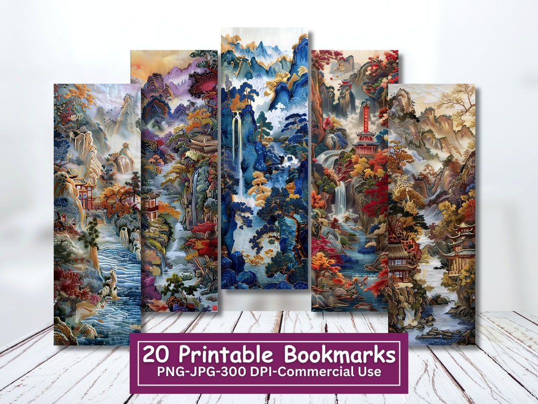 Chinese Style Landscape Embroidery Printable Bookmarks Bundle, Set of ...