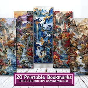 May include: Set of 20 printable bookmarks featuring a colorful, detailed illustration of a Japanese garden with waterfalls, mountains, and trees. The bookmarks are designed for commercial use and are 300 DPI.