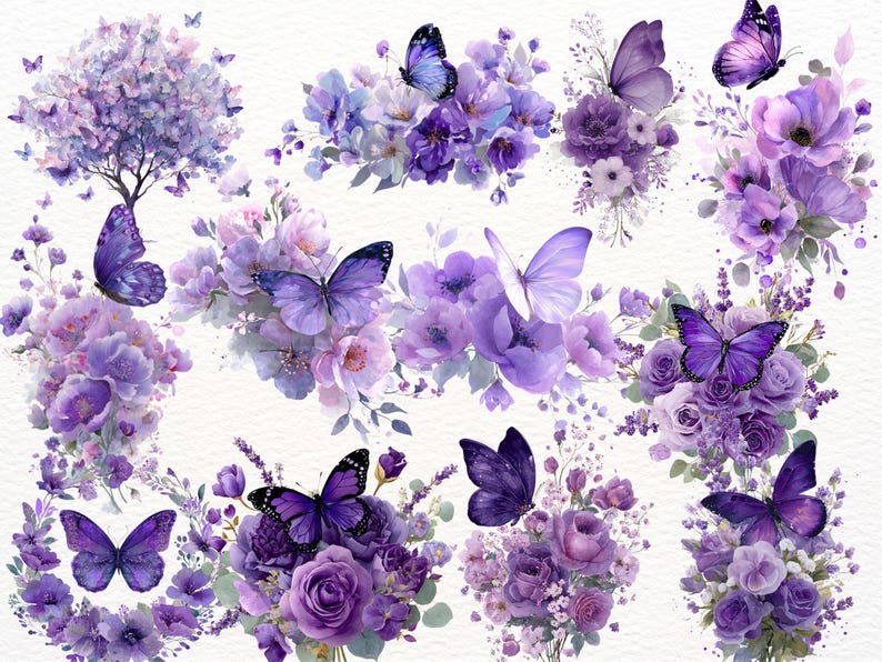 Purple Butterfly Flower Clipart Set: 45 PNG Set, Floral Watercolor Art ...