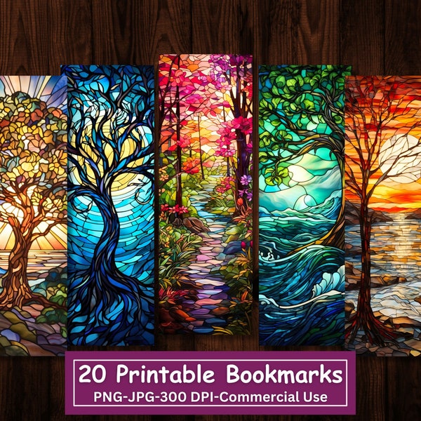 Stained Glass Trees Printable Bookmarks Bundle, Set Of 20 PNG/JPG Bookmark Designs, Sublimate, Print and Cut, Commercial Use