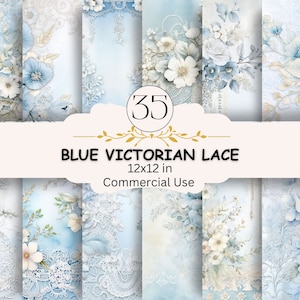 Paquete de papel de diario basura de encaje floral victoriano vintage azul, medios mixtos de papel de fantasía, scrapbooking, papel en mal estado, descarga digital