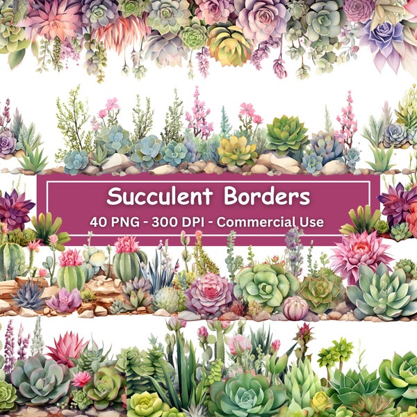 Watercolor Succulent Borders Bundle, Set Of 0f 40 PNGs, Plants, Garden, Flowering Cactus, Scrapbooking Border Elements, Digital Paper Craft