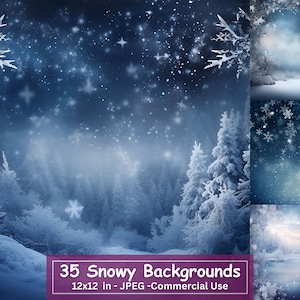 Pacote de papel digital de neve de inverno, fundo de floresta nevada, cenário de paisagem de fantasia, flocos de neve, diário de lixo, álbum de recortes, colagem