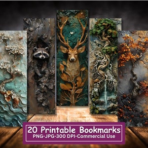 3D Natur druckbare Lesezeichen Bundle, Set von 20 PNG/JPG, Fantasy Landschaft Sublimation, Druck und Schnitt, Waldtiere, Bäume