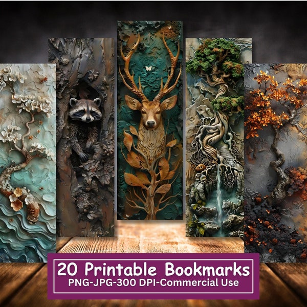 3D Nature Printable Bookmarks Bundle, Set Of 20 PNG/JPG, Fantasy Landscape Sublimation, Print And Cut, Woodland Animals, Trees
