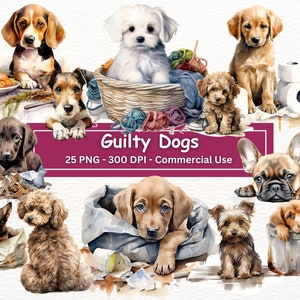 Lot de cliparts chien coupable, 25 images PNG, chiens en désordre réalistes, fabrication de cartes, créations numériques sur papier, amoureux des chiots, usage commercial