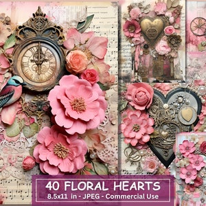 Roze harten Mixed Media afdrukbare papierbundel, ongewenste dagboekpagina's set van 40, kaart maken, collage, digitale download, commercieel gebruik