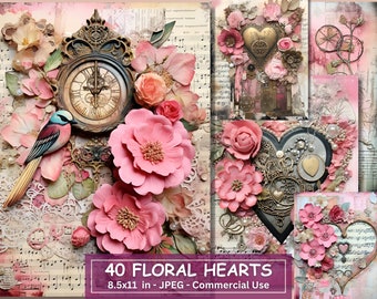 Pink Hearts Printable Paper: Mixed Media Junk Journal Pages (Digital Download)