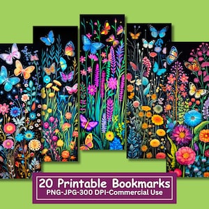 Neon Schmetterlinge mit Wildblumen Lesezeichen Bündel, 20er Set PNG / JPG, Sublimation, Cricut, Silhouette Druck und Schnitt, kommerzielle Nutzung