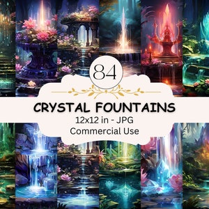 Printable Crystal Water Fountains Digital Paper Bundle, Set Of 84, Fantasy Scrapbook Pages, Magic Fairytale Papers, Commercial Use
