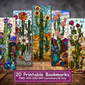 Bundle de signets imprimables cactus en fleurs vitrail, lot de 20 PNG/JPG, dessins de signet du désert de cactus, impression et découpe, usage Commercial