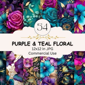 Pacote de padrões florais roxo e azul-petróleo, conjunto de 54 JPG, papel fantasia, álbum de recortes, diários indesejados, criação de cartões, uso comercial