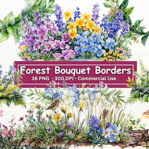 Bosboeketranden, 36 png-set, botanische groenplanten grens clipart voor briefpapier, scrapbooking, uitnodigingen, kaarten maken
