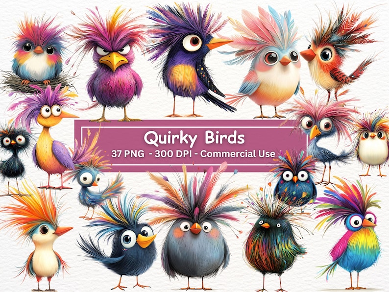 Peut inclure: Une collection de 37 illustrations d'oiseaux excentriques et color&eacute;s avec des coiffures uniques et des plumes vives. Les oiseaux sont dans diverses poses et expressions, cr&eacute;ant une sc&egrave;ne fantaisiste et ludique. Le texte "Quirky Birds" est affich&eacute; sur une banni&egrave;re rose avec les mots "37 PNG - 300 DPI - Utilisation commerciale" en dessous.