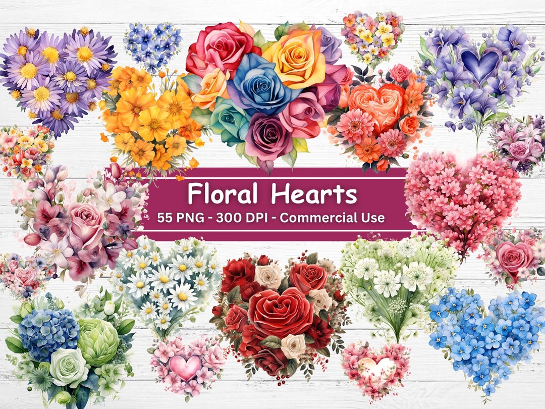 Floral Hearts Clipart Bundle: 55 PNG Flowers, Roses (digital Download ...