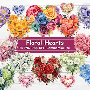 Paquete de imágenes prediseñadas de corazones florales, conjunto de 55 PNG, fondo transparente, flores, botánico, rosas, fabricación de tarjetas, uso comercial