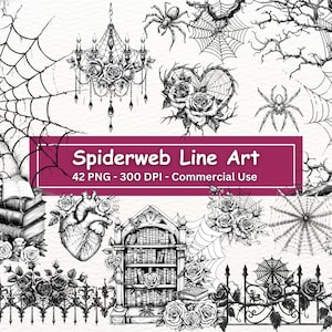ゴシック クモの巣の線画クリップアート、PNG 42 個セット、黒と白のバラ、ボーダー、フェンス、クモ、キャンドル、ランタン、本