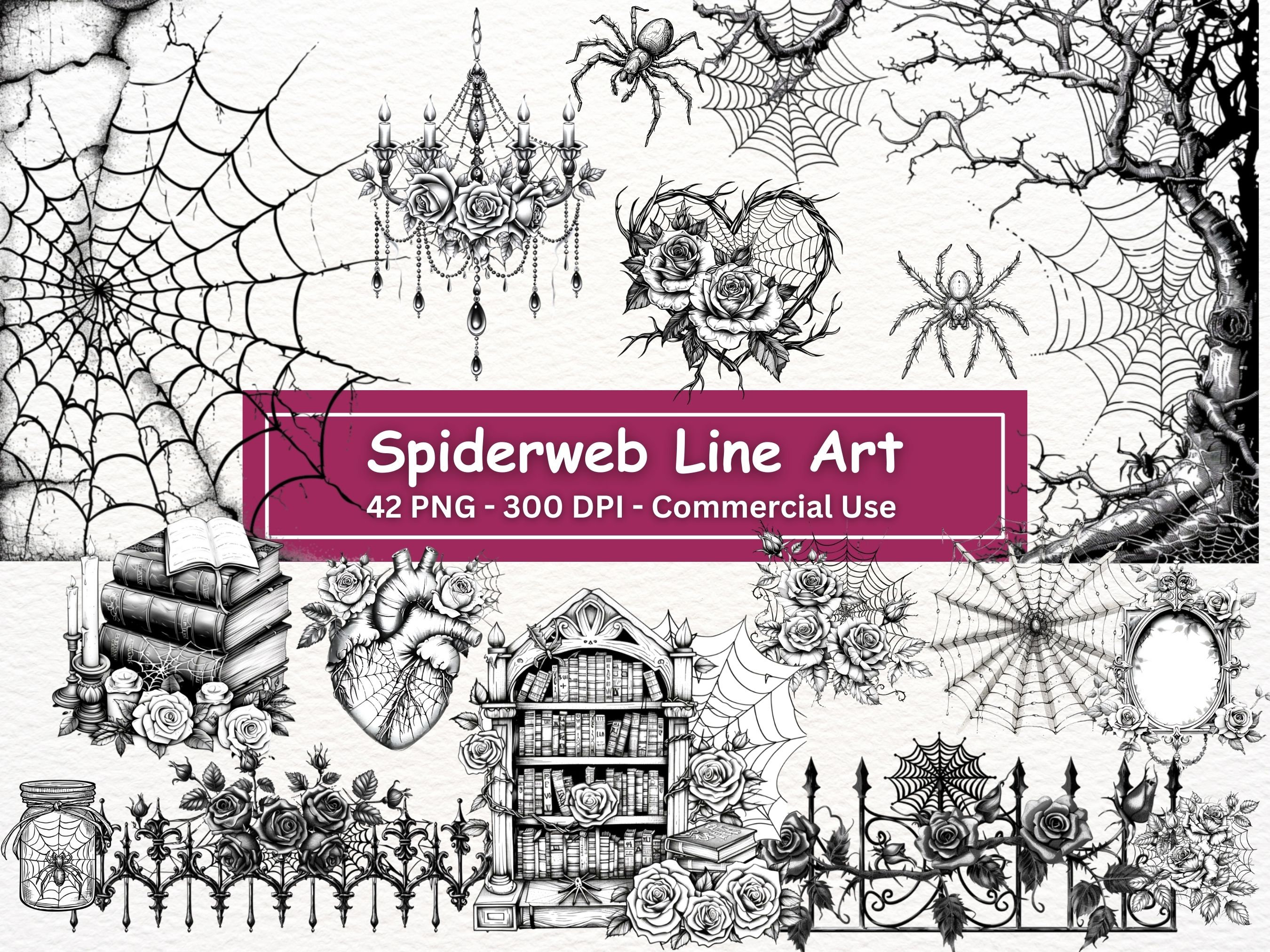 Gothic Spiderwebs Line Art Clipart: Black Roses, Spiders (PNG Set of 42 ...
