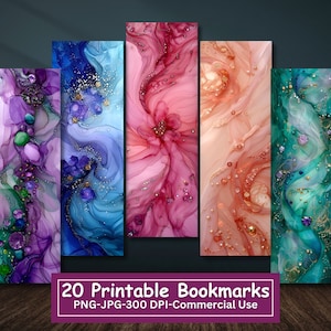 Op de afbeelding: Set van 20 printbare bladwijzers met abstracte aquarelontwerpen in tinten paars, blauw, roze en groen met gouden accenten. De bladwijzers zijn 300 DPI en kunnen voor commerci&euml;le doeleinden worden gebruikt. 20 printbare bladwijzers PNG-JPG-300 DPI-Commercieel gebruik