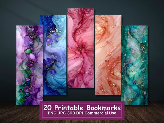 Alcohol Ink Floral Bookmarks: Printable PNG/JPG Designs (Commercial Use)