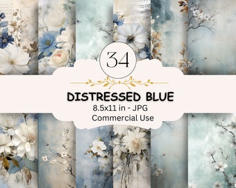 May include: A set of 34 digital paper designs featuring distressed blue and white floral patterns. The papers are 8.5x11 inches and are suitable for commercial use.