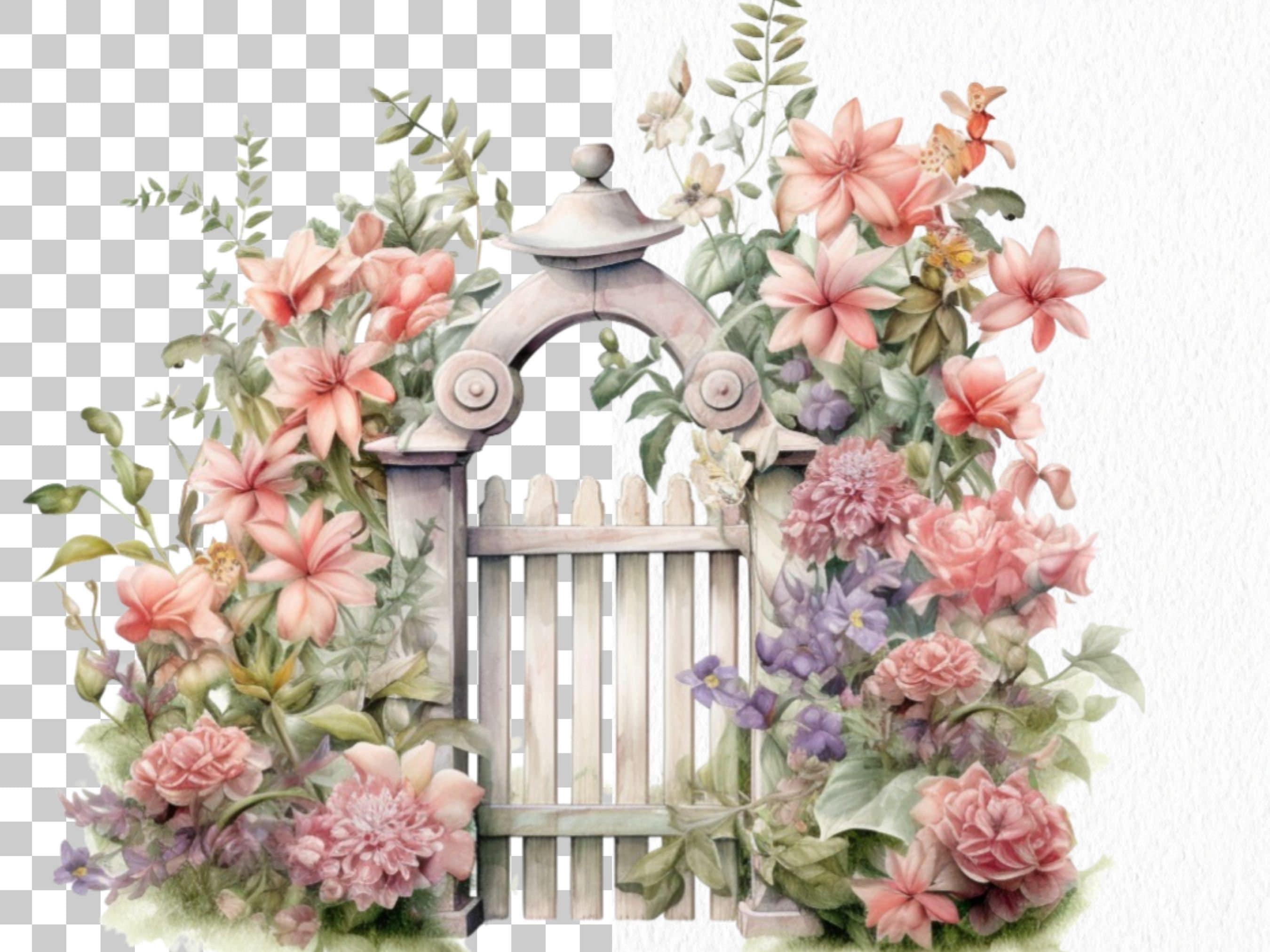 水彩画の花の庭のクリップアート：門、ベンチ、花（40 PNG セット