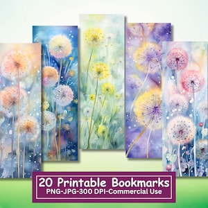 Lot de signets imprimables pissenlit fantaisie, lot de 20 PNG/JPG, sublimation florale aquarelle, Cricut, impression et découpe de Silhouette