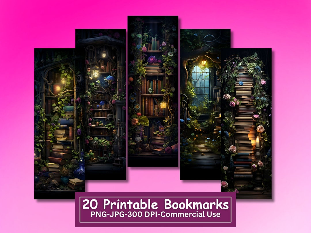 Dark Fantasy Book Room Bookmarks Bundle, Set of 20 PNG/JPG Sheets, Book