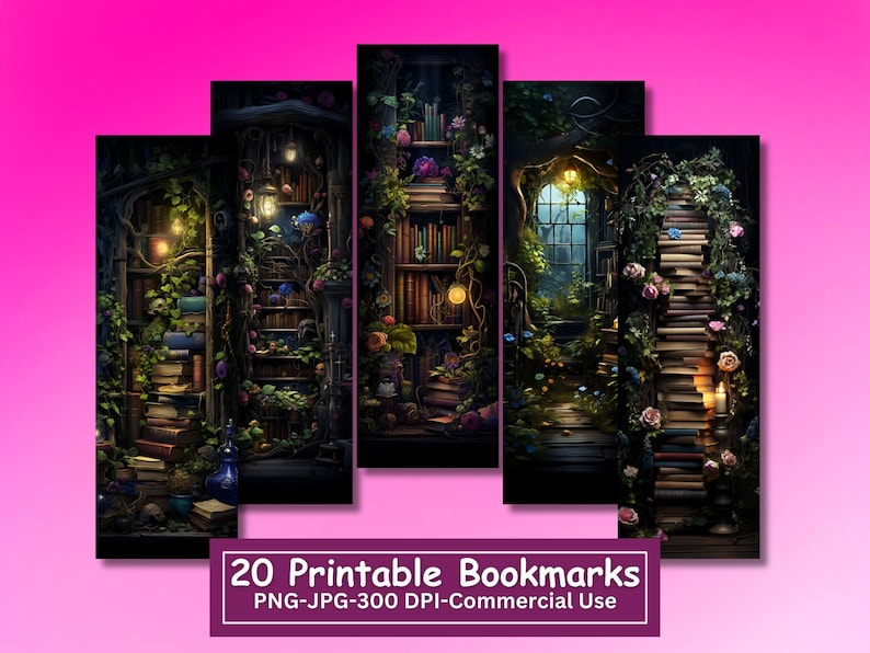 May include: Set of 20 printable bookmarks featuring a whimsical illustration of a magical library with bookshelves, a staircase made of books, and glowing lanterns. The bookmarks are perfect for book lovers and fantasy enthusiasts.