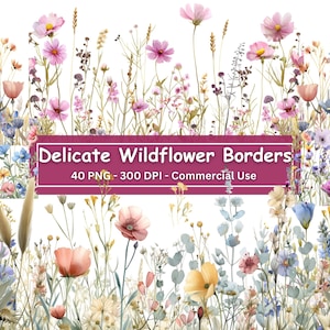 Bundle de bordures de fleurs sauvages délicates, ensemble de 0 sur 40 PNG, éléments de scrapbooking fleurs des prés de printemps, sublimation, créations numériques en papier