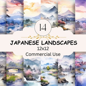 日本の水彩デジタル背景、日本の風景背景、即時ダウンロードデジタルペーパー、旅行背景、商用利用
