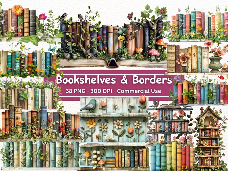May include: A collection of 38 digital images featuring vintage bookshelves and borders. The images are in PNG format and are 300 DPI. They are perfect for adding a touch of vintage charm to your digital projects.