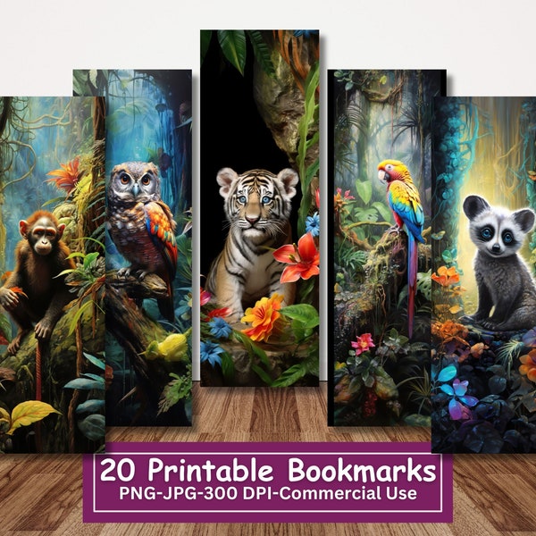 Jungle Bookmarks Bundle, Set Of 30 PNG/JPG, Jungle Animals Sublimation, Cricut, Silhouette Print And Cut, Commercial, Bear, Tiger, Monkey