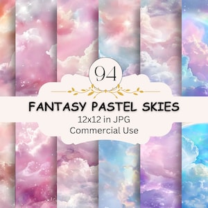 Fantasy Pastel Skies digitale papierbundel, 94 JPG-set, hemelse sterren, aquarelhemel, roze, paarse wolken, regenbogen, digitale papierkunst