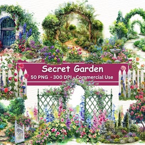Paquete de imágenes prediseñadas de jardín secreto de acuarela, 50 PNG, uso comercial, descarga digital de camino de jardín floral, diario basura, álbum de recortes, PNG de plantas