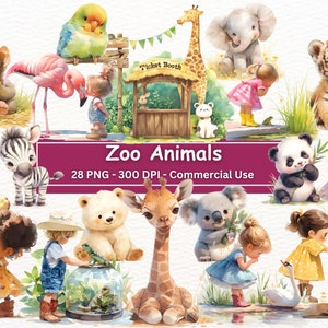 Pacote de clipart de aquarela de animais de zoológico, conjunto de 28 PNG, arte de berçário infantil, elefante, tigre, coala, panda, leão, macaco, flamingo, girafa