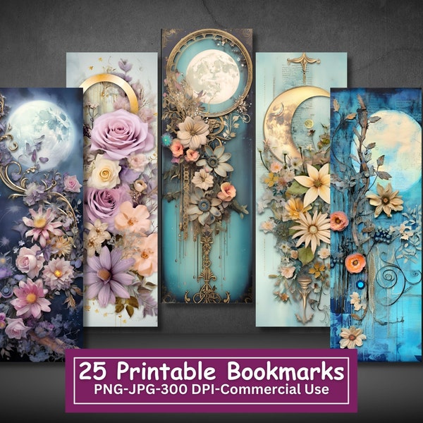 Celestial Floral Printable Bookmarks Bundle, Set Of 25 PNG/JPG, Fantasy Moon Sublimation,  Cricut,  Silhouette Print And Cut, Commercial Use