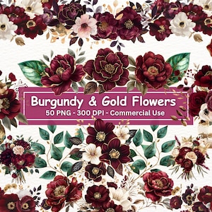 Bundle de cliparts floraux bordeaux et or, ensemble de 50 PNG, art botanique, fabrication de cartes, tenue d'un journal, fleurs vertes, feuilles d'or, branches