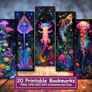 Fantasy Sea Creatures druckbares Lesezeichen-Bundle, JPG drucken und ausschneiden Seiten, 20 PNG Lesezeichen Sublimation, leuchtende Neonfische, kommerzielle Nutzung