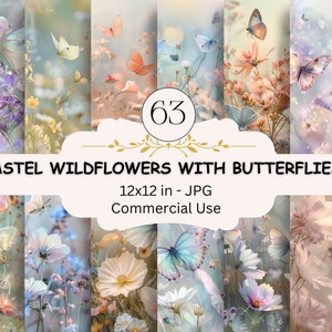Pastellschmetterlinge mit Wildblumen Digital Paper Bundle, JPG Set von 63, Fantasy Papier Dekoratives schönes Papier, kommerzielle Nutzung