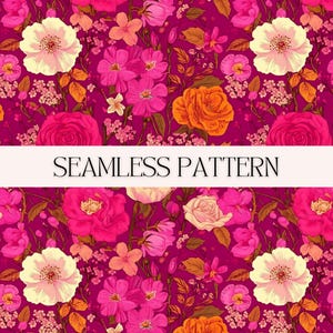 May include: A seamless pattern featuring a variety of pink, white, and orange flowers on a magenta background. The flowers are arranged in a repeating pattern, creating a vibrant and colorful design.