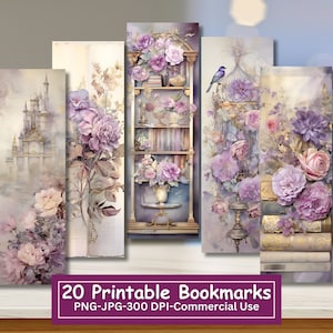 Lila Märchen Lesezeichen Bundle, Set von 20 PNG/JPG, romantische florale Sublimation, Cricut, Silhouette drucken und schneiden, kommerzielle Nutzung