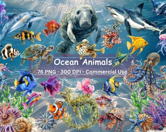 Ocean Animals Clipart, Set Of 76 PNGs, Under The Sea, Manatee, Fish, Octopus, Jellyfish, Shark, Dolphin, Turtle, Sea Plants, Coral