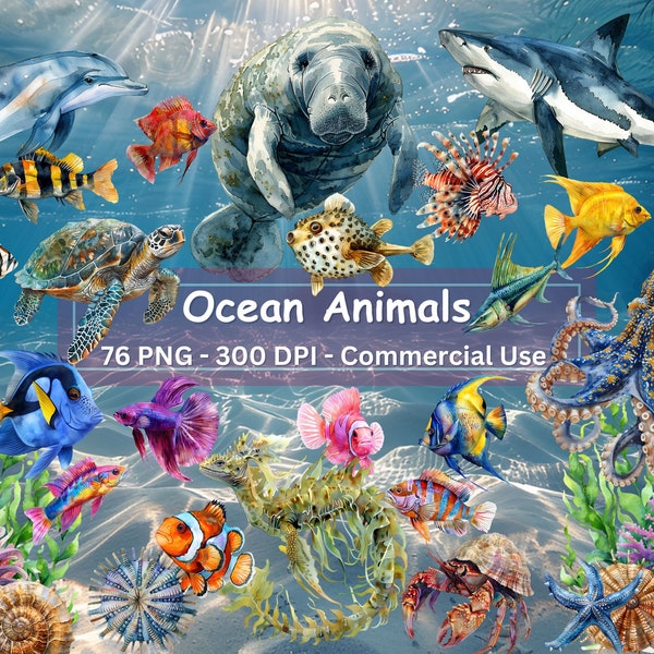 Ocean Animals Clipart, Set Of 76 PNGs, Under The Sea, Manatee, Fish, Octopus, Jellyfish, Shark, Dolphin, Turtle, Sea Plants, Coral