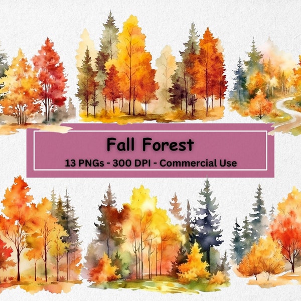 Autumn Fall Forest Watercolor Clipart Bundle, Fall Trees Clip Art PNG Set of 13 Plus Bonus Digital Paper, Card Making, Paper Craft