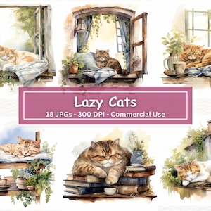 Aquarelle Lazy Cat Clipart, 18 JPG de haute qualité, Sleeping Cat In Windowsill Clip Art, Fabrication de cartes, Artisanat en papier numérique, Utilisation commerciale