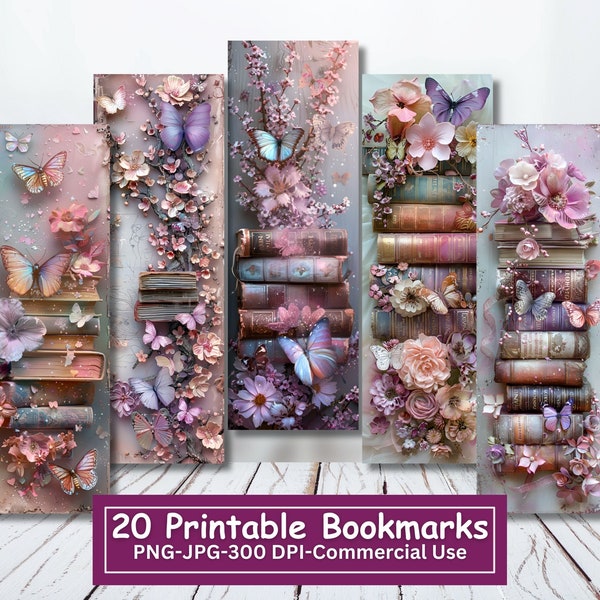 Fairytale Floral Butterfly Book Stack Printable Bookmarks, Set Of 20 Designs, JPG Bookmark Sheets,PNG Sublimation,Print and Cut Bookmark Set