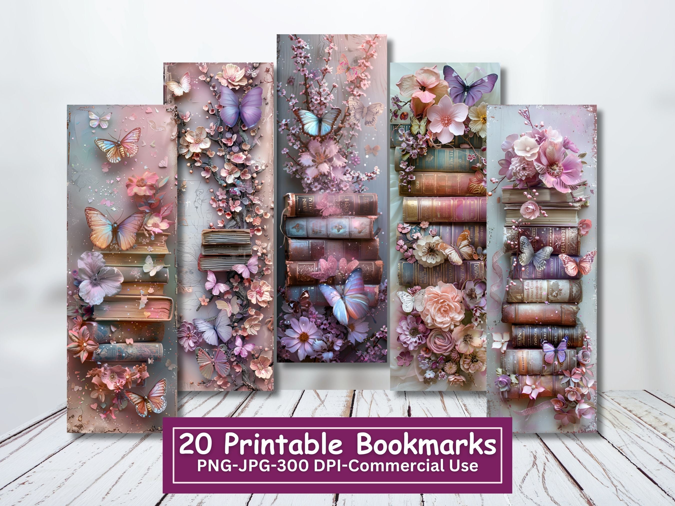 Floral Butterfly Book Stack Printable Bookmarks (set of 20) (digital ...